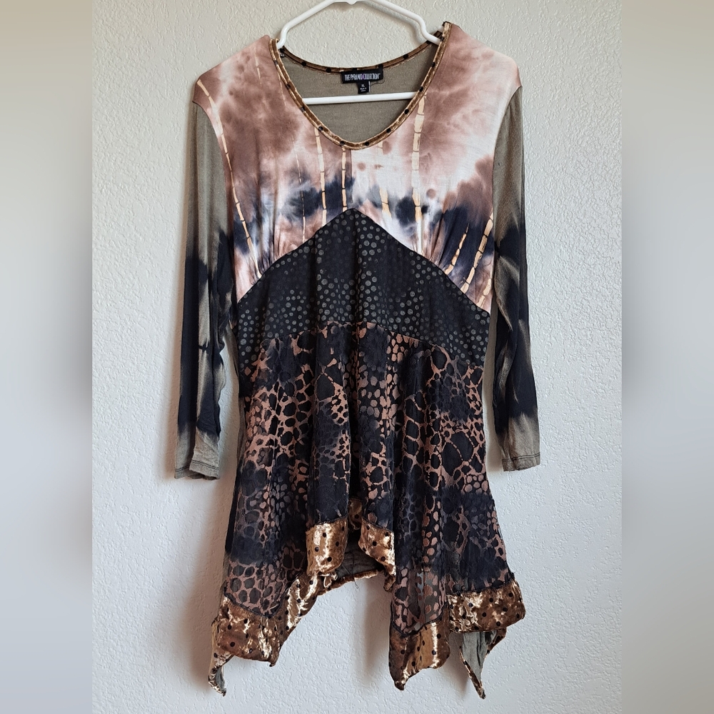 The Pyramid Collection Y2K Mixed Print Asymmetric Hemline Velvet Sheer Polkadot